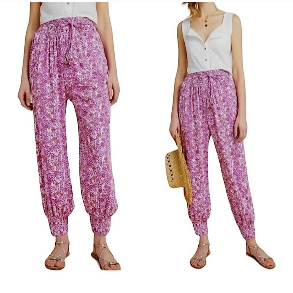 Anthropologie Women's Pink Abstract Print Harem Belted Jogger Pant Size Small